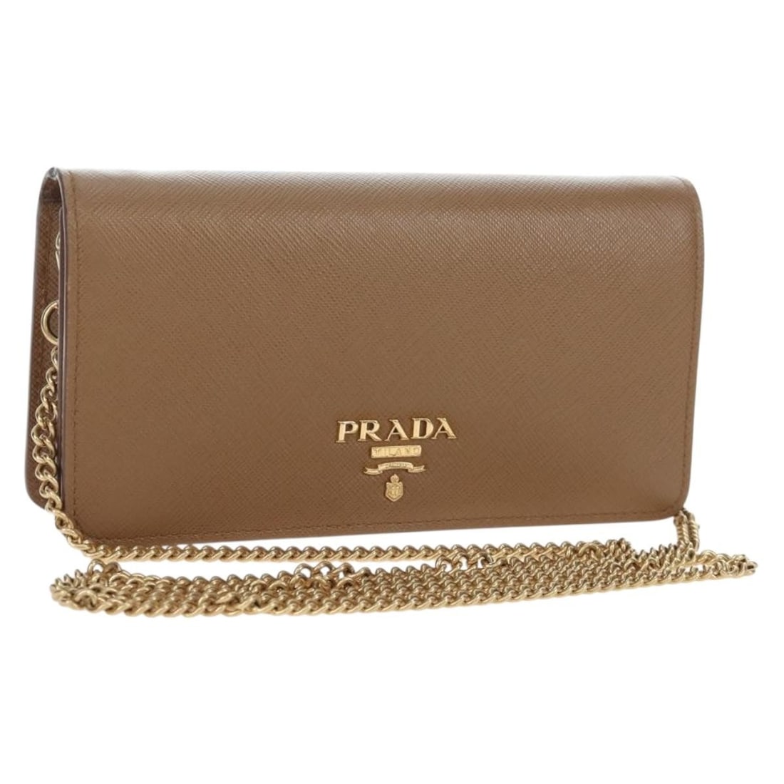 PRADA Saffiano Leather Shoulder Bag Brown with Gold Chain: PRADA Saffiano Leather Shoulder Bag Brown with Gold Chain Prada chain shoulder bag in Saffiano leather with a brown and gold color scheme. It is a women's shoulder bag made in Italy and comes with an 