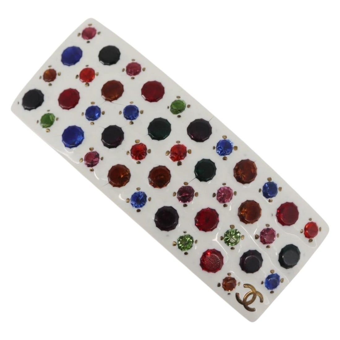 CHANEL Coco Mark CC Multicolor Plastic Hair Clip France: CHANEL Coco Mark CC Multicolor Plastic Hair Clip France This CHANEL hair clip is made of plastic and features a multicolor design. It is made in France and comes with a dust bag and item box. The item