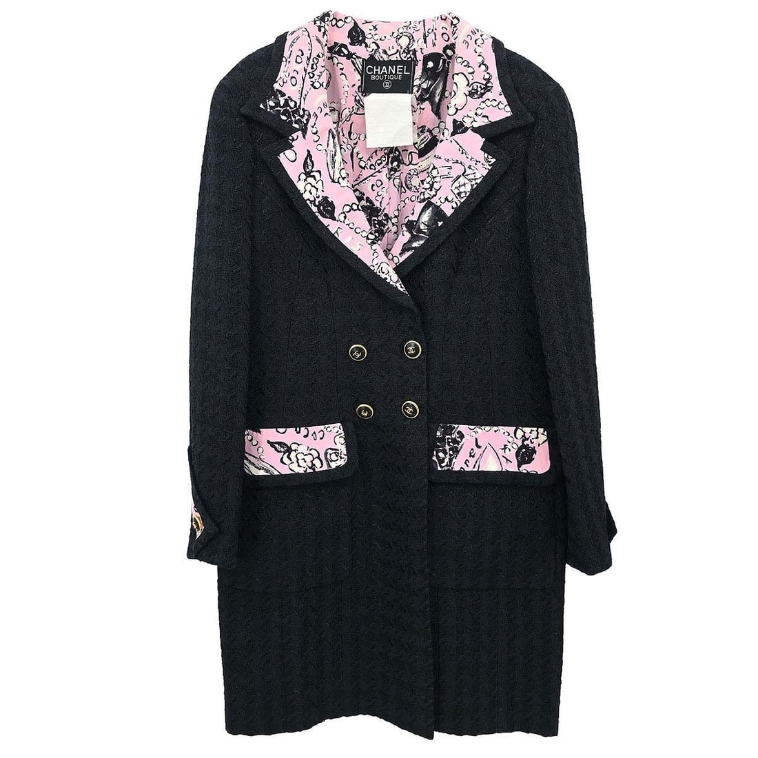 Vintage Chanel black mid length overcoat size 40 France: Vintage Chanel black mid length overcoat size 40 France Vintage Chanel double-breasted black jacket in a mid-length overcoat style. Designed for women with a regular fit, this piece features long slee