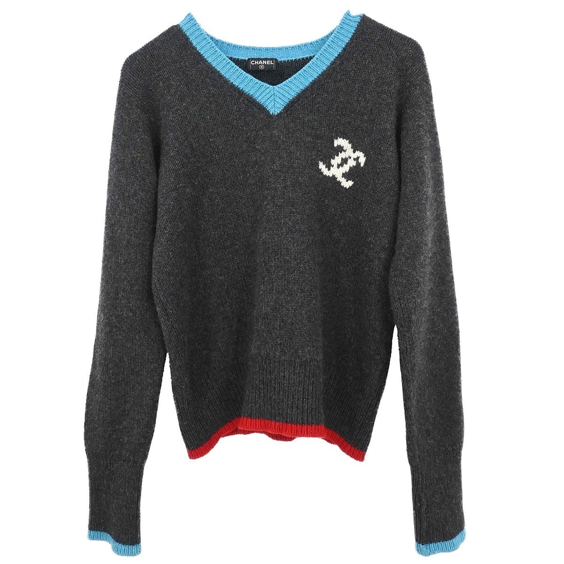 CHANEL Gray Cashmere V Neck Pullover Sweater Top: CHANEL Gray Cashmere V Neck Pullover Sweater Top Gray CHANEL pullover sweater knit top in 100% cashmere with a V-neck, long sleeves, regular fit, and logo accent. Designed for women and suited for cas