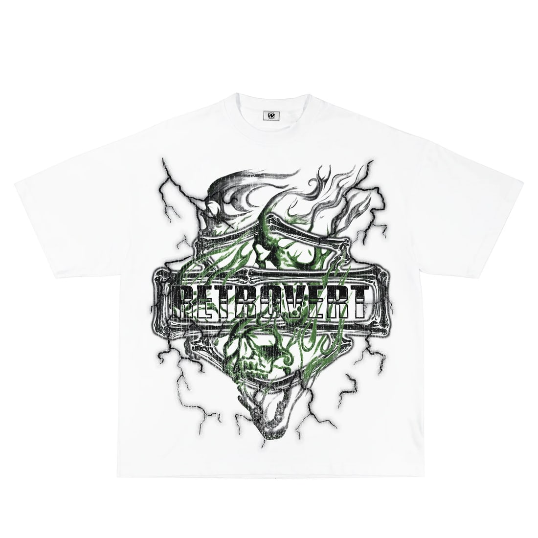White Cotton T-Shirt with Retro Green Skull Graphic Design: White Cotton T-Shirt with Retro Green Skull Graphic Design This Retro Vert Green Skull White Tee features a bold, eye-catching green skull graphic in a retro style on crisp white fabric. Made from 100