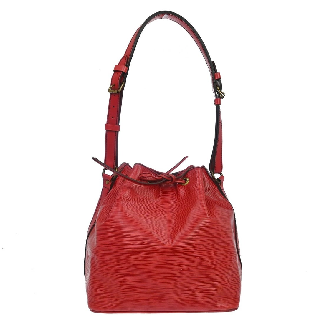 Louis Vuitton Petit Noe Red Epi Leather Drawstring Shoulder Bag M44107: Louis Vuitton Petit Noe Red Epi Leather Drawstring Shoulder Bag M44107 Vintage Louis Vuitton Petite Noe shoulder bag in red Epi leather with a drawstring closure and gold-tone hardware. It features an
