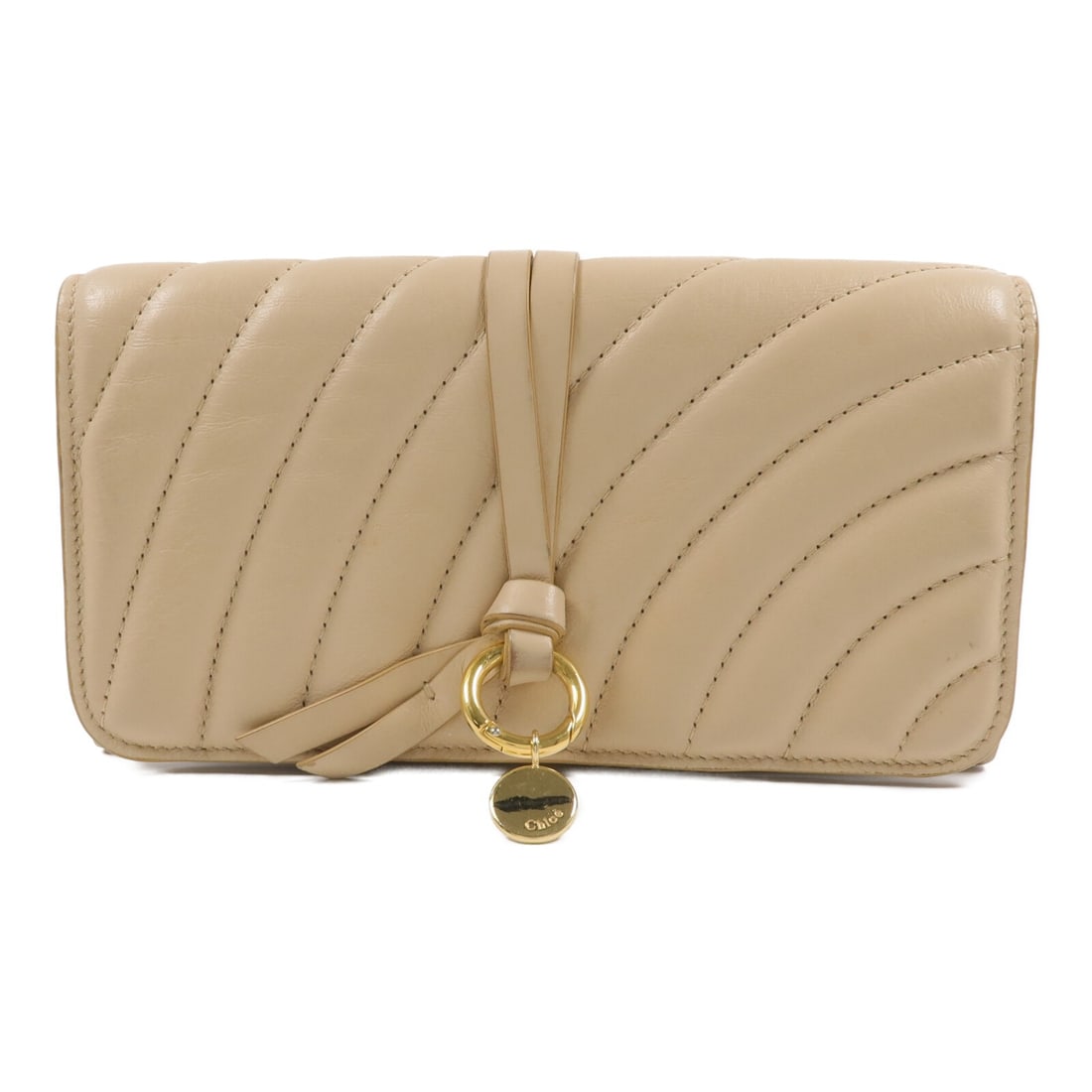 Chloe Bifold Long Wallet Beige Calfskin Leather: Chloe Bifold Long Wallet Beige Calfskin Leather A Chloe long bifold wallet in beige calfskin (cowhide) leather. It features a hook button closure and a practical interior layout with one wallet compar