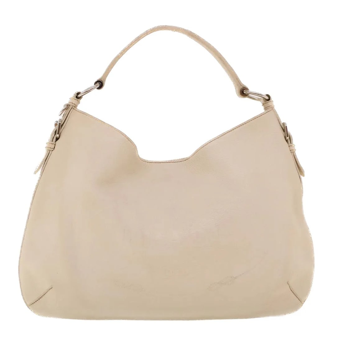 Prada Vintage White Leather Shoulder Bag: Prada Vintage White Leather Shoulder Bag This Prada vintage shoulder bag is crafted from white leather and features a classic design. The bag shows visible signs of wear, including rubbing on the leat
