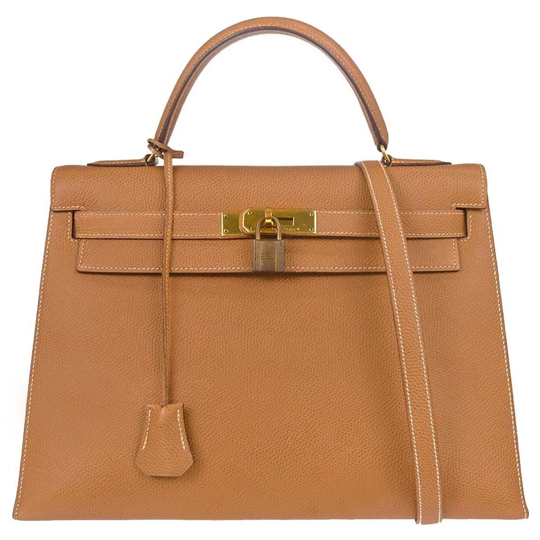 Hermes Kelly 32 Sellier Courchevel Leather 2way Top Handle Bag: Hermes Kelly 32 Sellier Courchevel Leather 2way Top Handle Bag Hermes Kelly 32 Sellier 2way handbag in Natural Courchevel leather with a beige exterior and gold-tone hardware. It features a turn-lock 