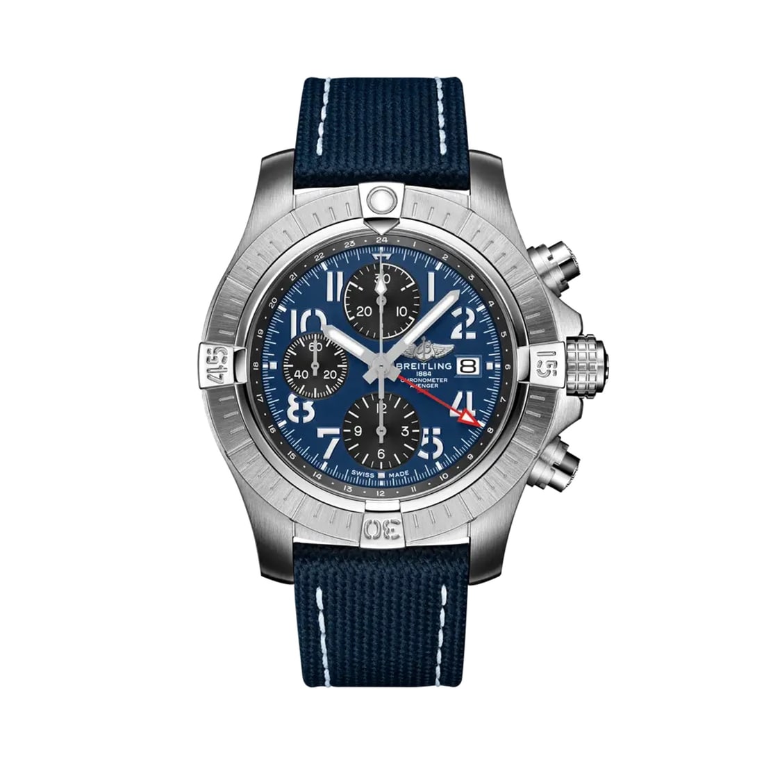 Breitling Avenger GMT Chronograph Mens Watch Ref A24315101C1X1 Blue Dial: Breitling Avenger GMT Chronograph Mens Watch Ref A24315101C1X1 Blue Dial Breitling Avenger Chronograph GMT men's watch with a blue Arabic chronograph dial and brushed bezel and bracelet. The listing i