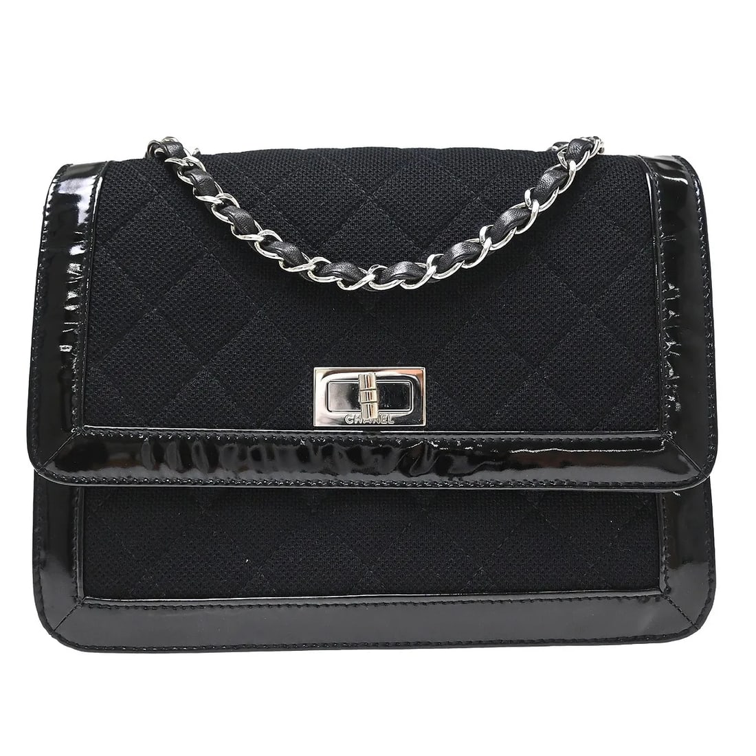 Chanel Reissue Flap Shoulder Bag Black Canvas Patent Trim: Chanel Reissue Flap Shoulder Bag Black Canvas Patent Trim Chanel Reissue Flap handbag in black, designed for women and made in France. The bag is described as being in good condition with light scuffs