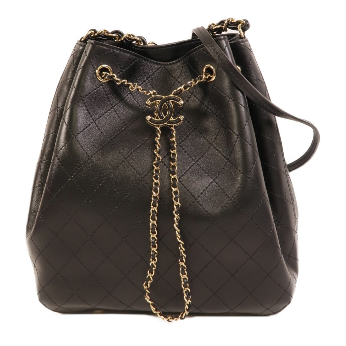 CHANEL AS1098 CC Bucket Shoulder Bag Black Calfskin: CHANEL AS1098 CC Bucket Shoulder Bag Black Calfskin Black CHANEL CC GHW bucket shoulder bag made from calfskin (cowhide). It features one open inside pocket and comes with the listed accessories. Cond