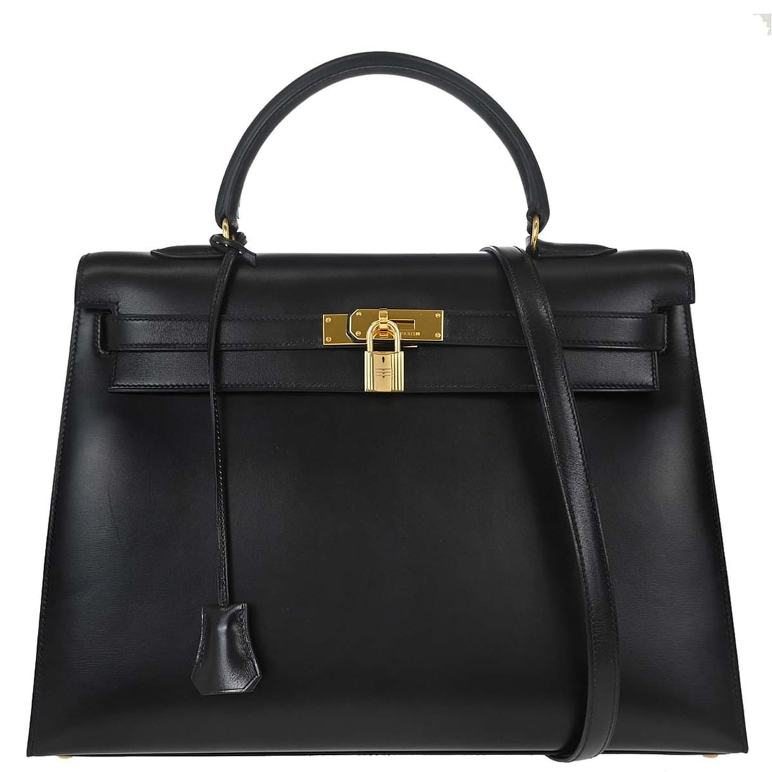Hermes Kelly 35 Sellier Black Box Calf 2 Way Top Handle Bag: Hermes Kelly 35 Sellier Black Box Calf 2 Way Top Handle Bag HERMES Kelly 35 Sellier 2way handbag in black box calf leather with gold hardware. It features a turn lock closure, top handle, and a strap 