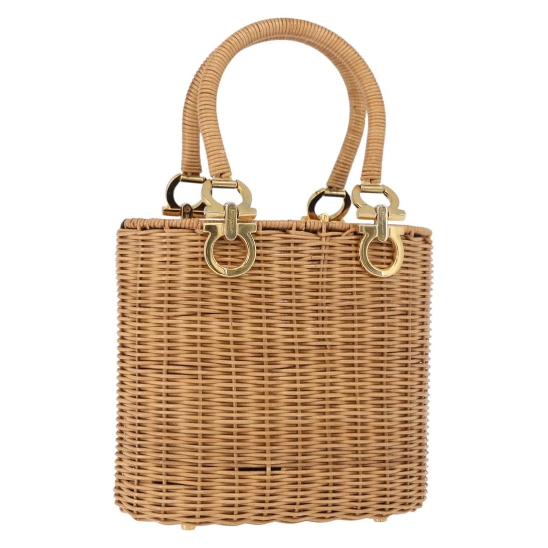 Salvatore Ferragamo Gancini Brown Rattan Handbag with Dust Bag: Salvatore Ferragamo Gancini Brown Rattan Handbag with Dust Bag A Salvatore Ferragamo rattan Gancini hand bag in brown and gold, made in Italy. It is crafted from wood and comes with a dust bag. The ba