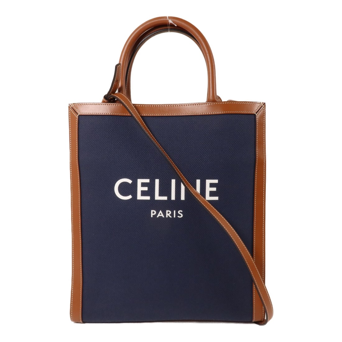 CELINE Small Vertical Caba Shoulder Bag 192082 Blue Brown Canvas Calfskin: CELINE Small Vertical Caba Shoulder Bag 192082 Blue Brown Canvas Calfskin A CELINE Small Vertical Caba Shoulder Bag in blue and brown, made from canvas and calfskin (cowhide). This model features one 