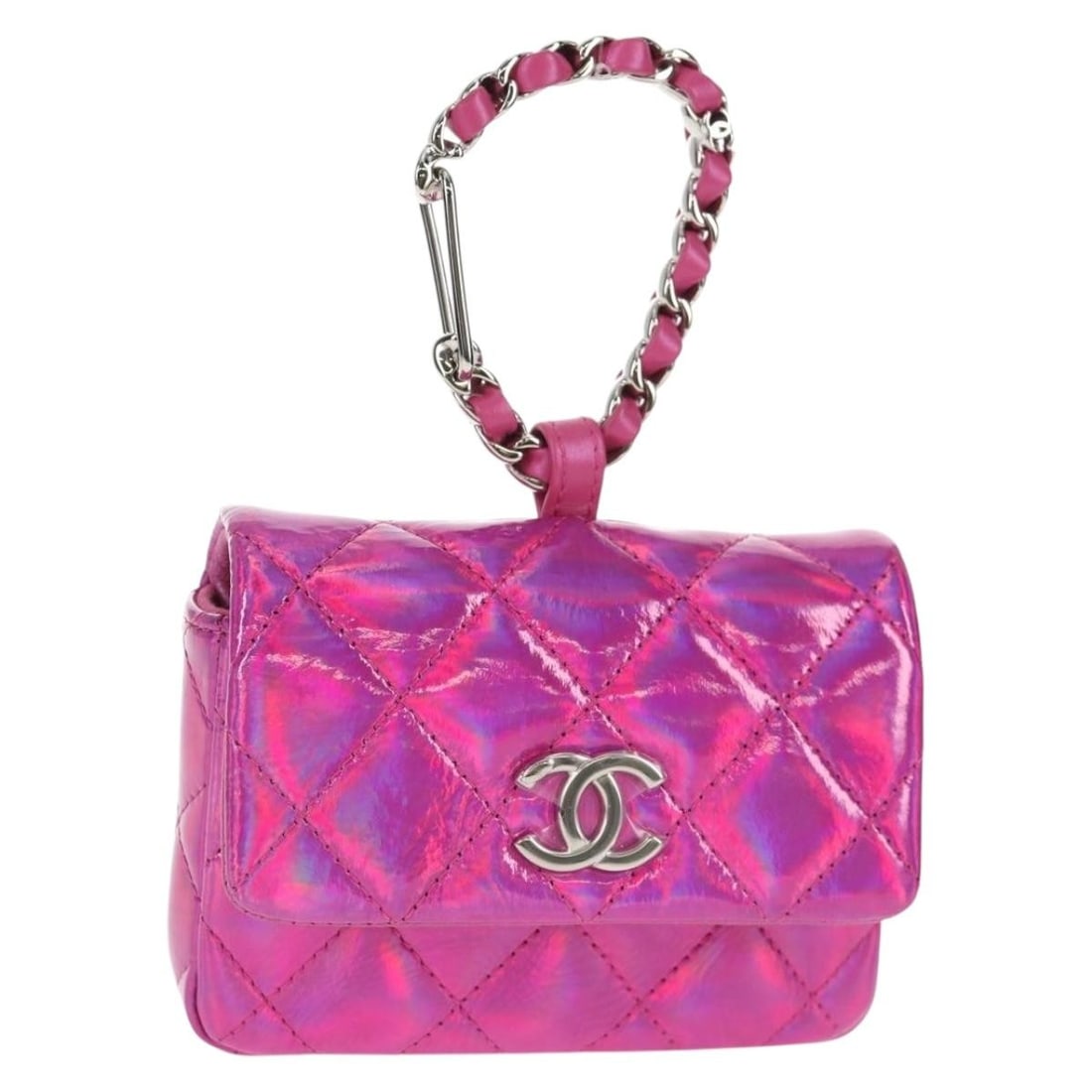 CHANEL Matelasse Patent Leather Pink Pouch with Dust Bag Box: CHANEL Matelasse Patent Leather Pink Pouch with Dust Bag Box A Chanel Matelasse hand pouch in pink and silver patent leather. The pouch is made in Italy and comes with a dust bag and item box. It is d