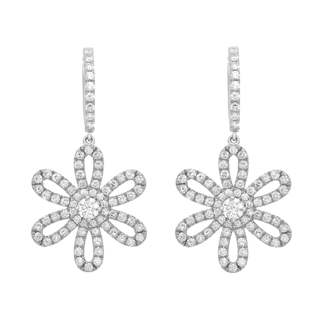 Rachel Koen 18K White Gold Diamond Flower Drop Earrings 2.50Cttw: Rachel Koen 18K White Gold Diamond Flower Drop Earrings 2.50Cttw Enhance your elegance with these exquisite Rachel Koen Round Cut Diamond Flower Drop Earrings, crafted in luxurious 18K white gold. The