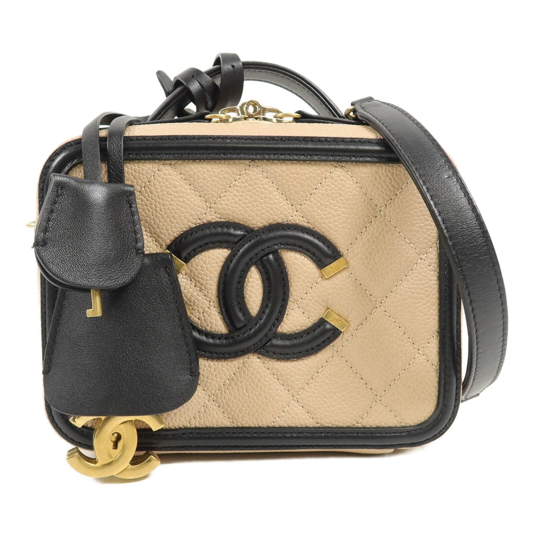 CHANEL Filigree Vanity Case A93342 Small 2way Shoulder Bag Calfskin: CHANEL Filigree Vanity Case A93342 Small 2way Shoulder Bag Calfskin CHANEL CC GHW Filigree Vanity Case Small Shoulder Bag in calfskin leather with a black and beige colorway. This 2-way shoulder bag i