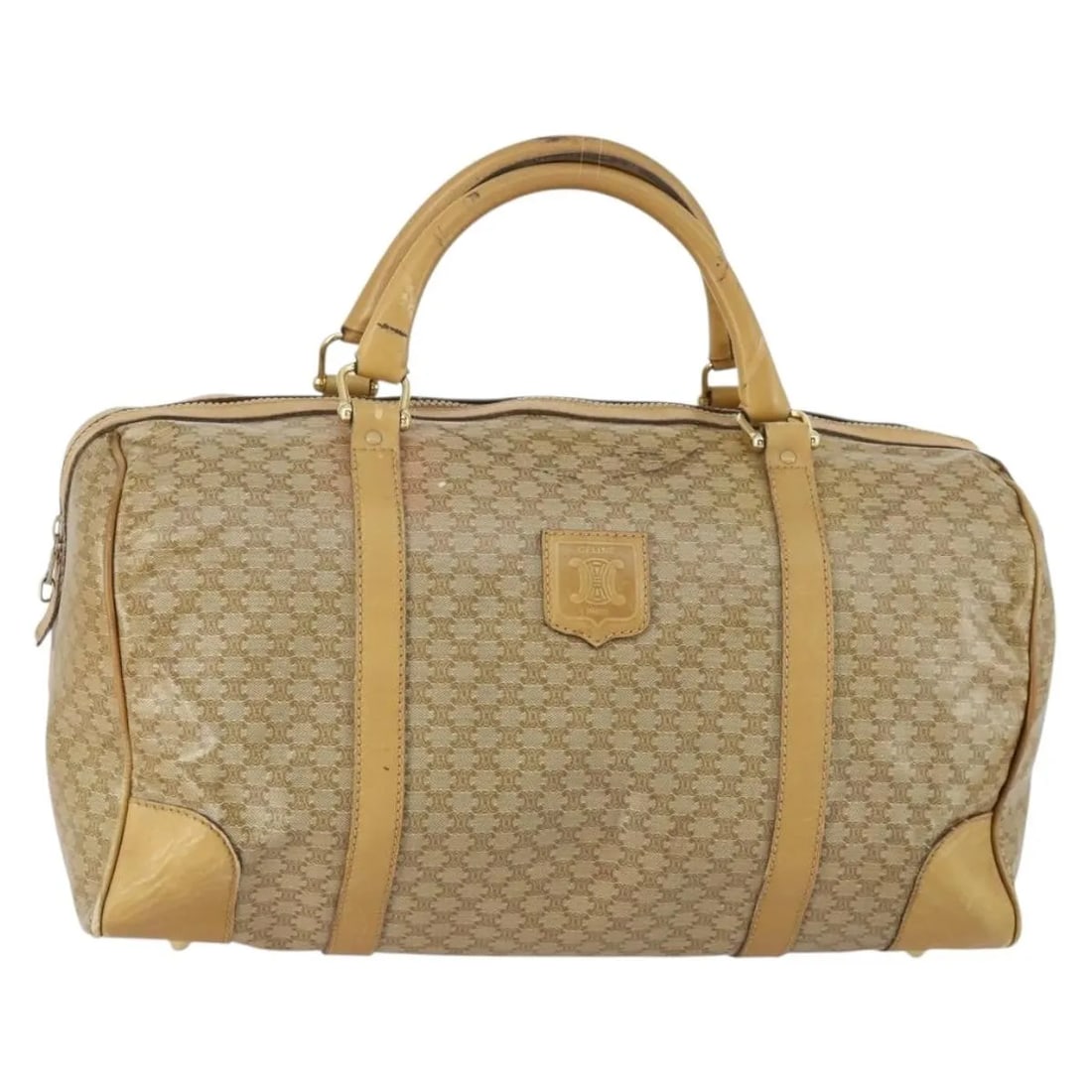 Celine Triomphe Coated Canvas Beige Travel Duffle Bag 40cm: Celine Triomphe Coated Canvas Beige Travel Duffle Bag 40cm This unisex travel duffle bag from Celine features a beige coated canvas exterior with leather accents. The bag shows signs of wear including