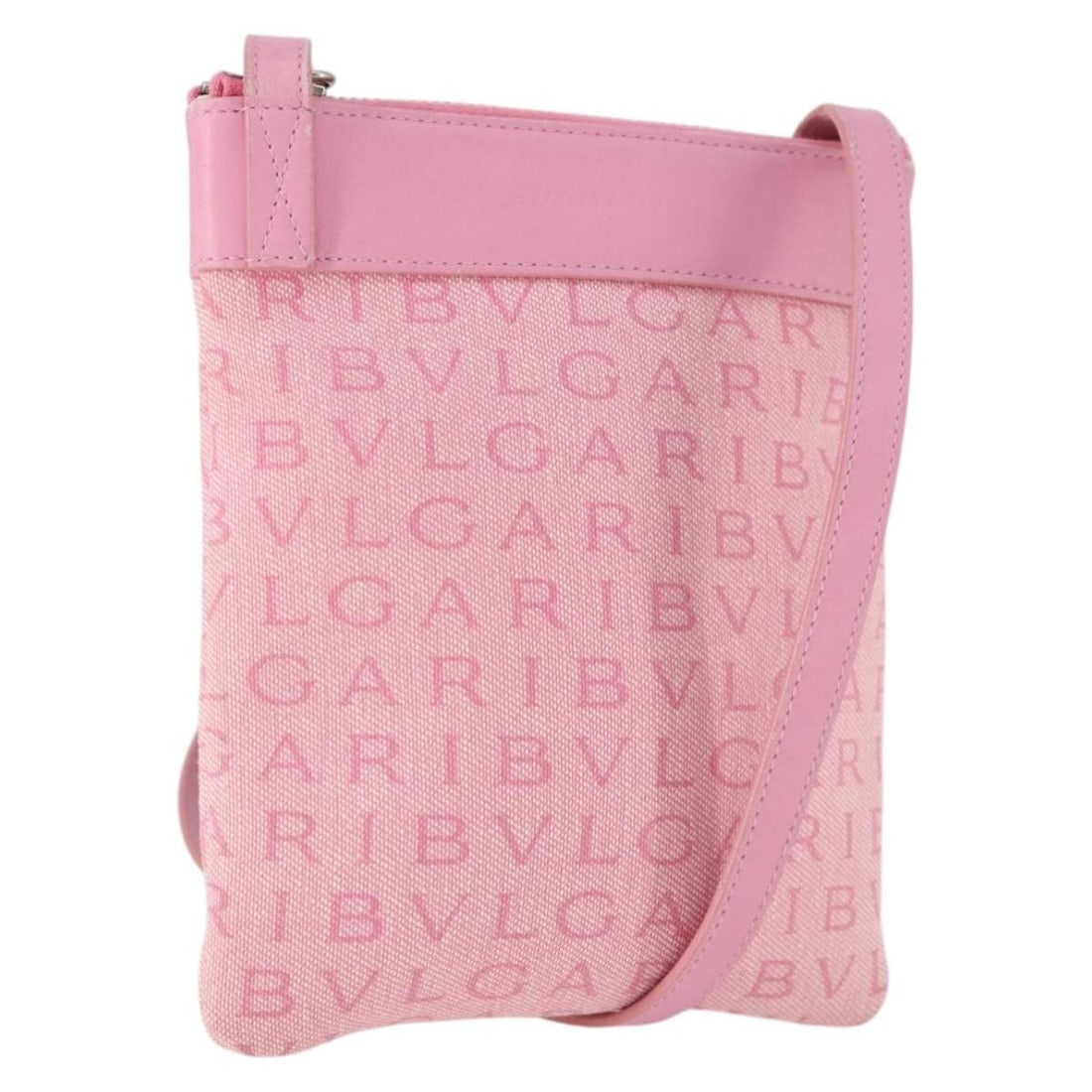 Pink Canvas BVLGARI Shoulder Bag with Silver Accents: Pink Canvas BVLGARI Shoulder Bag with Silver Accents This BVLGARI shoulder bag features a stylish pink and silver canvas exterior. Designed for convenient carrying, it has a shoulder strap with an app