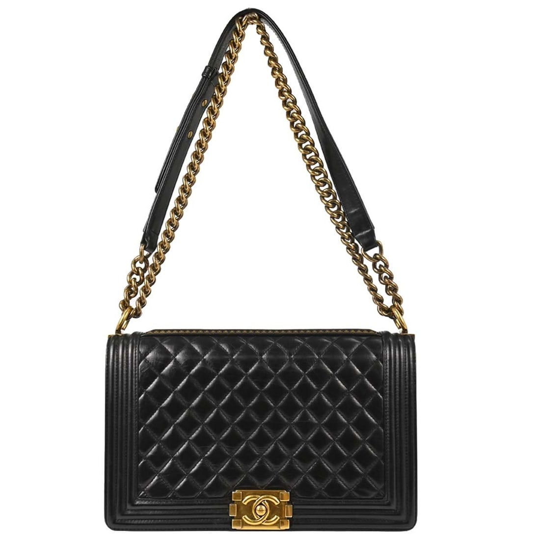 CHANEL Boy Medium Black Calfskin Shoulder Bag Single Chain: CHANEL Boy Medium Black Calfskin Shoulder Bag Single Chain Vintage Chanel Boy Medium shoulder bag in black calfskin with a push-lock closure, quilted accents, and chain shoulder strap. The interior is