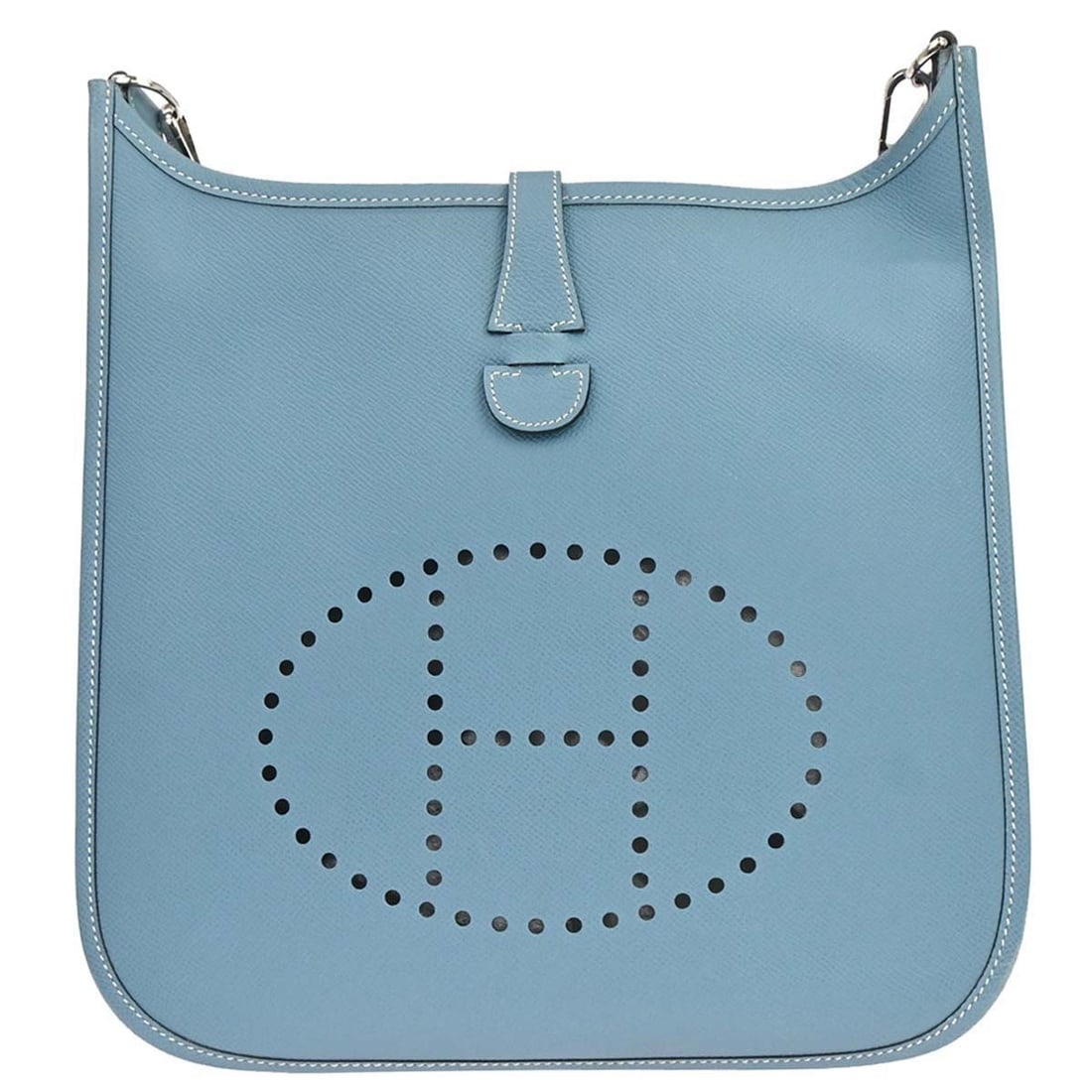 Hermes Evelyne PM 29 Blue Jean Epsom Leather Shoulder Bag: Hermes Evelyne PM 29 Blue Jean Epsom Leather Shoulder Bag Hermes Evelyne 2 29 PM shoulder bag in Blue Jean Epsom leather, made in France. It features a snap closure, detachable strap, one exterior poc