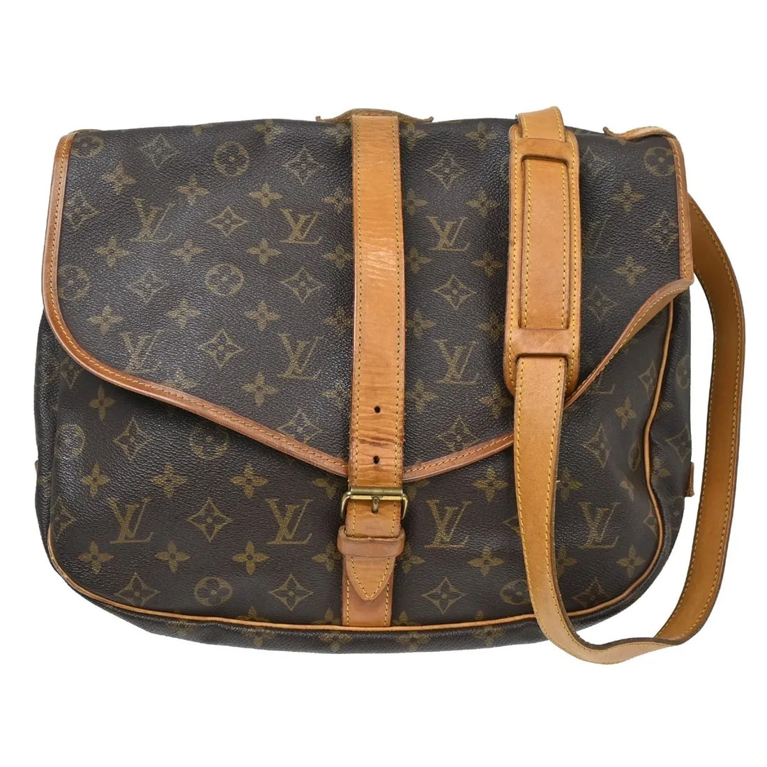Louis Vuitton Saumur Unisex Brown Canvas Shoulder Bag: Louis Vuitton Saumur Unisex Brown Canvas Shoulder Bag Louis Vuitton Saumur in brown canvas. This unisex bag is in good condition with visible wear, including scuffs, scratches, suntan, cracks, dirt, a