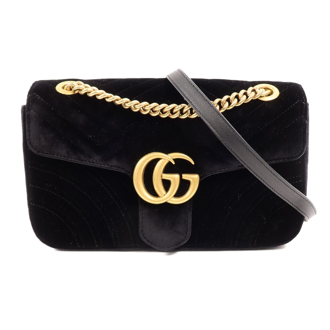 Gucci Marmont 443497 Velvet Shoulder Bag Black Chain Strap: Gucci Marmont 443497 Velvet Shoulder Bag Black Chain Strap GUCCI GG Marmont Chain Shoulder Bag in black velvet with a chain shoulder strap and black frame color. This regular-size women's shoulder bag