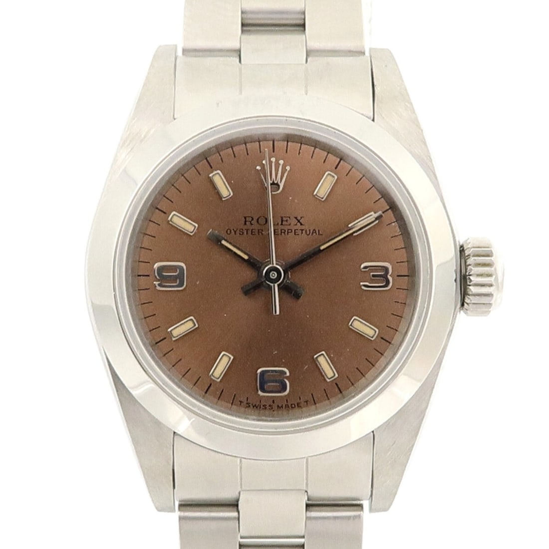 Rolex 67180 Oyster Perpetual Ladies Automatic Wristwatch Brown Dial Steel: Rolex 67180 Oyster Perpetual Ladies Automatic Wristwatch Brown Dial Steel Rolex Oyster Perpetual model 67180 ladies wristwatch in stainless steel with a brown dial and brown frame color. It features a