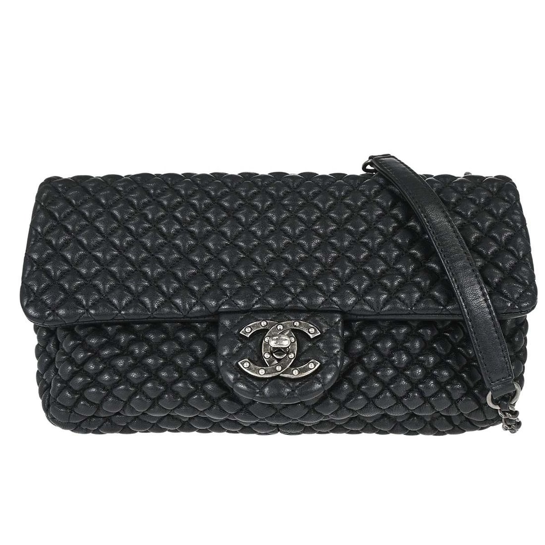 CHANEL Bubble Quilted Lambskin Shoulder Bag Black Turn Lock: CHANEL Bubble Quilted Lambskin Shoulder Bag Black Turn Lock Chanel black lambskin bubble quilted shoulder bag in very good pre-owned condition. It features a turn lock closure, shoulder strap, and one