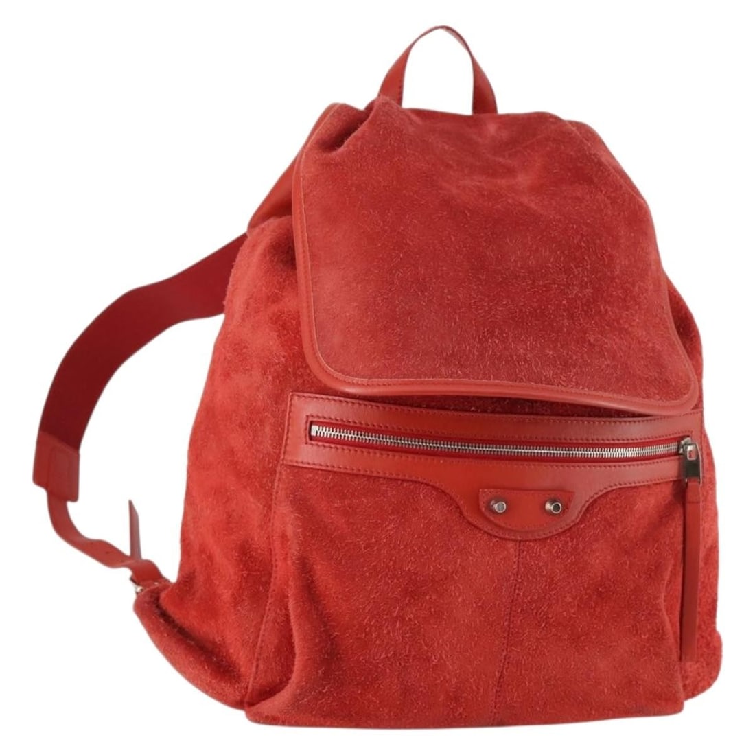 BALENCIAGA Red Silver Suede Backpack Made in Italy: BALENCIAGA Red Silver Suede Backpack Made in Italy A Balenciaga backpack in red suede with silver-tone hardware. Made in Italy, this piece measures approximately 40 cm wide, 43 cm high, and 10 cm deep