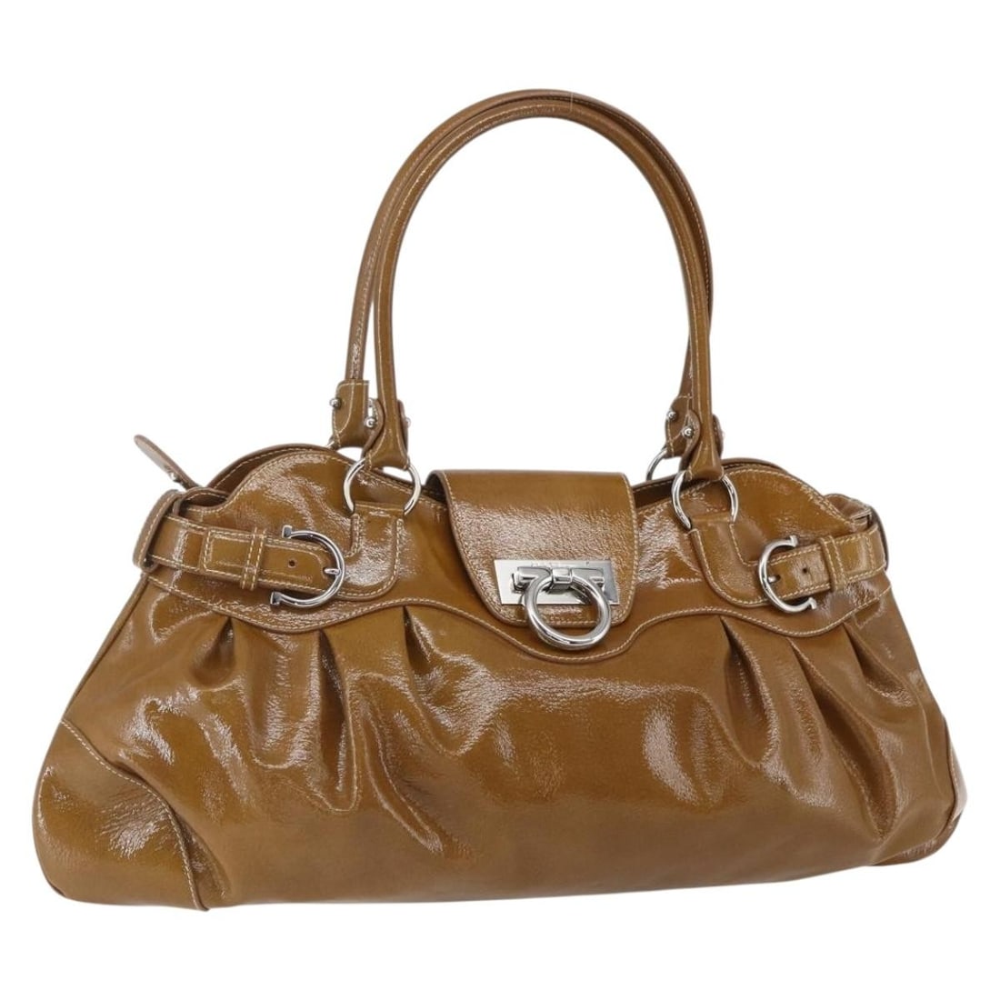 Brown Patent Leather Shoulder Bag by Salvatore Ferragamo Gancini: Brown Patent Leather Shoulder Bag by Salvatore Ferragamo Gancini Salvatore Ferragamo Gancini shoulder bag in brown patent leather with silver-tone accents. Made in Italy, this women's shoulder bag off