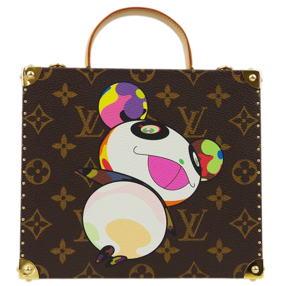 Louis Vuitton Takashi Murakami Panda Jewelry Case Monogram Canvas M92478: Louis Vuitton Takashi Murakami Panda Jewelry Case Monogram Canvas M92478 Louis Vuitton Takashi Murakami Monogram Panda jewelry box handbag in brown Monogram canvas and leather. This top handle design 