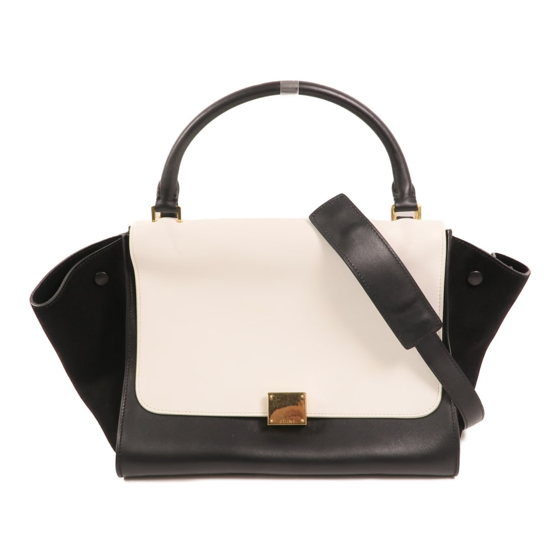 Celine Trapeze 2way Shoulder Bag Black White Calfskin 1695430TA: Celine Trapeze 2way Shoulder Bag Black White Calfskin 1695430TA CELINE 2-way shoulder bag in calfskin leather, made in France, with a black exterior and black/white color details. It features a flap c