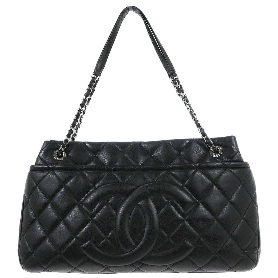 Chanel Timeless CC Chain Tote in Black Caviar Leather: Chanel Timeless CC Chain Tote in Black Caviar Leather Chanel Timeless CC Chain Tote Bag in black caviar skin leather with double handles, logo accents, and interior and exterior pockets. Made in Italy