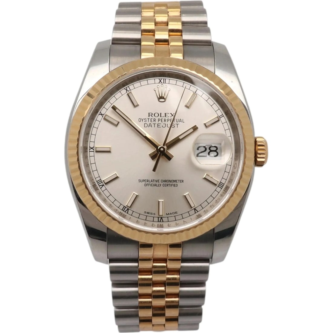 Rolex Datejust 36mm Automatic Watch 116233 Gold Steel White Dial: Rolex Datejust 36mm Automatic Watch 116233 Gold Steel White Dial Introducing the Rolex Datejust, a luxurious wristwatch featuring a 36mm case crafted from stainless steel with an 18K gold bezel. This 