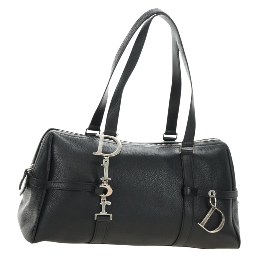 Christian Dior leather Boston bag black with dust bag charm: Christian Dior leather Boston bag black with dust bag charm This Christian Dior Boston Bag is crafted from leather in black and silver, made in Italy. It comes with a dust bag and charm. The bag is si