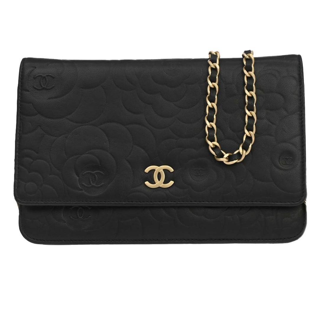 CHANEL Camellia WOC wallet black lambskin chain strap: CHANEL Camellia WOC wallet black lambskin chain strap Chanel Wallet on Chain bag in black lambskin leather with a camellia design. This folding style features a compact interior with two zip pockets, 