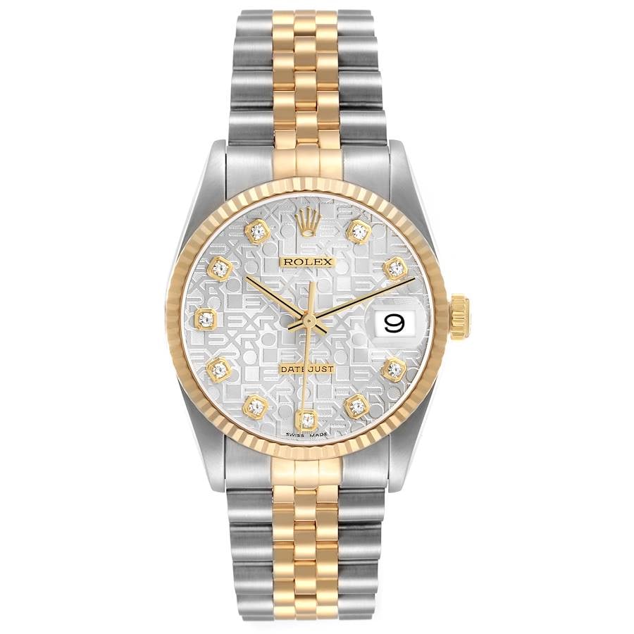 Rolex Datejust 16233 Anniversary Diamond Dial Jubilee Bracelet: Rolex Datejust 16233 Anniversary Diamond Dial Jubilee Bracelet This Rolex Datejust features an Anniversary Factory Diamond Dial, paired with a fluted bezel and a D-Link Jubilee bracelet. The watch is 