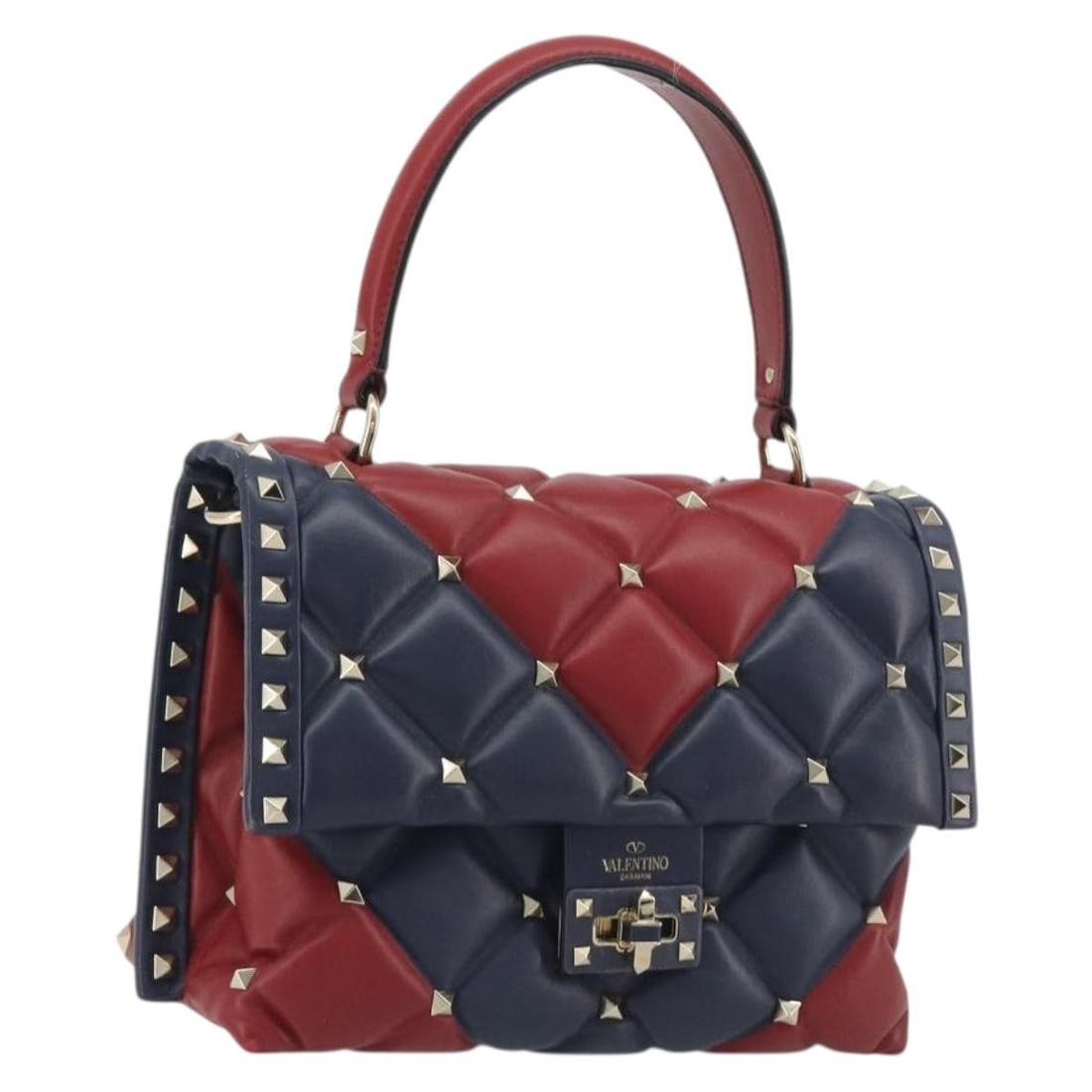 VALENTINO Leather 2way Hand Bag Red Navy Gold Studded: VALENTINO Leather 2way Hand Bag Red Navy Gold Studded VALENTINO women's leather hand bag in red, navy, and gold. This 2-way style is made in Italy and measures approximately 9.1 x 7.1 x 4.3 inches, wi