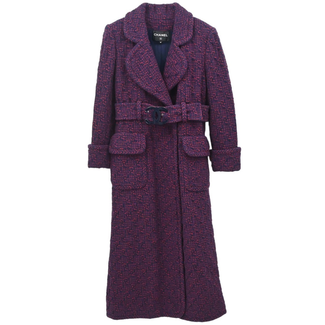 CHANEL P57258V43236 Women's Long Tweed Coat Size 36 Navy Red Belted: CHANEL P57258V43236 Women's Long Tweed Coat Size 36 Navy Red Belted Chanel long coat in navy with red accents, designed with a long sleeve, button closure, and regular fit. It is made from 90% wool an