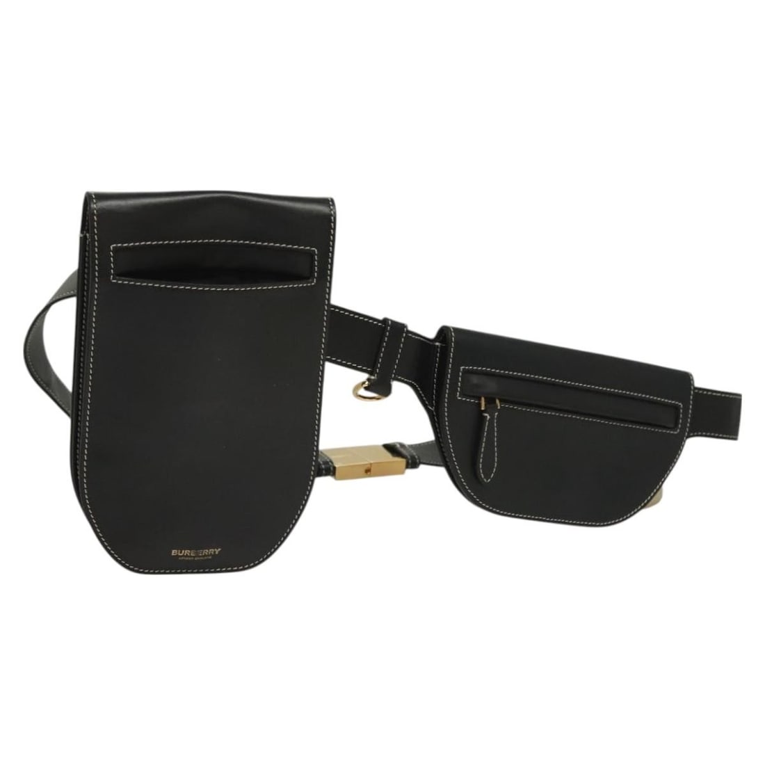 Burberry Leather Waist Bag Black and Gold Made in Italy: Burberry Leather Waist Bag Black and Gold Made in Italy Burberry waist bag in black and gold leather, made in Italy. The bag measures approximately 23 cm wide, 20 cm high, and 4 cm deep, with an appro