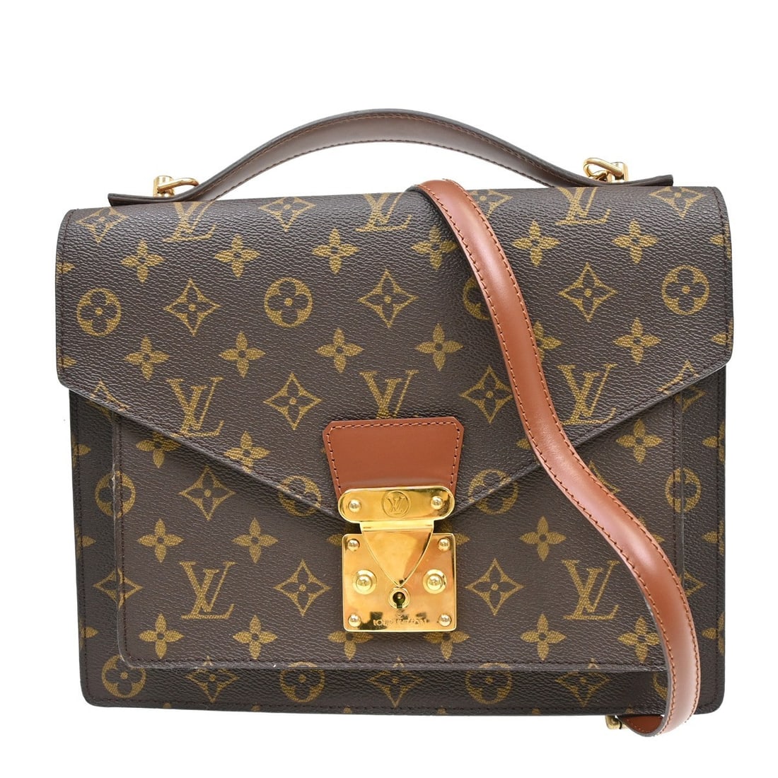 Louis Vuitton Monceau 28 Monogram Canvas Hand Bag with Strap Key: Louis Vuitton Monceau 28 Monogram Canvas Hand Bag with Strap Key Vintage Louis Vuitton Monceau 28 business handbag in brown Monogram canvas with leather trim and double handles. This women's handbag f