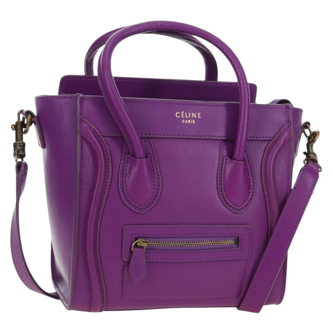 CELINE Luggage Micro Leather 2way Handbag Purple Gold Italy: CELINE Luggage Micro Leather 2way Handbag Purple Gold Italy A CELINE Luggage Micro Shopper handbag in purple leather with gold-tone metal fittings. This 2-way bag comes with a shoulder strap and dust 