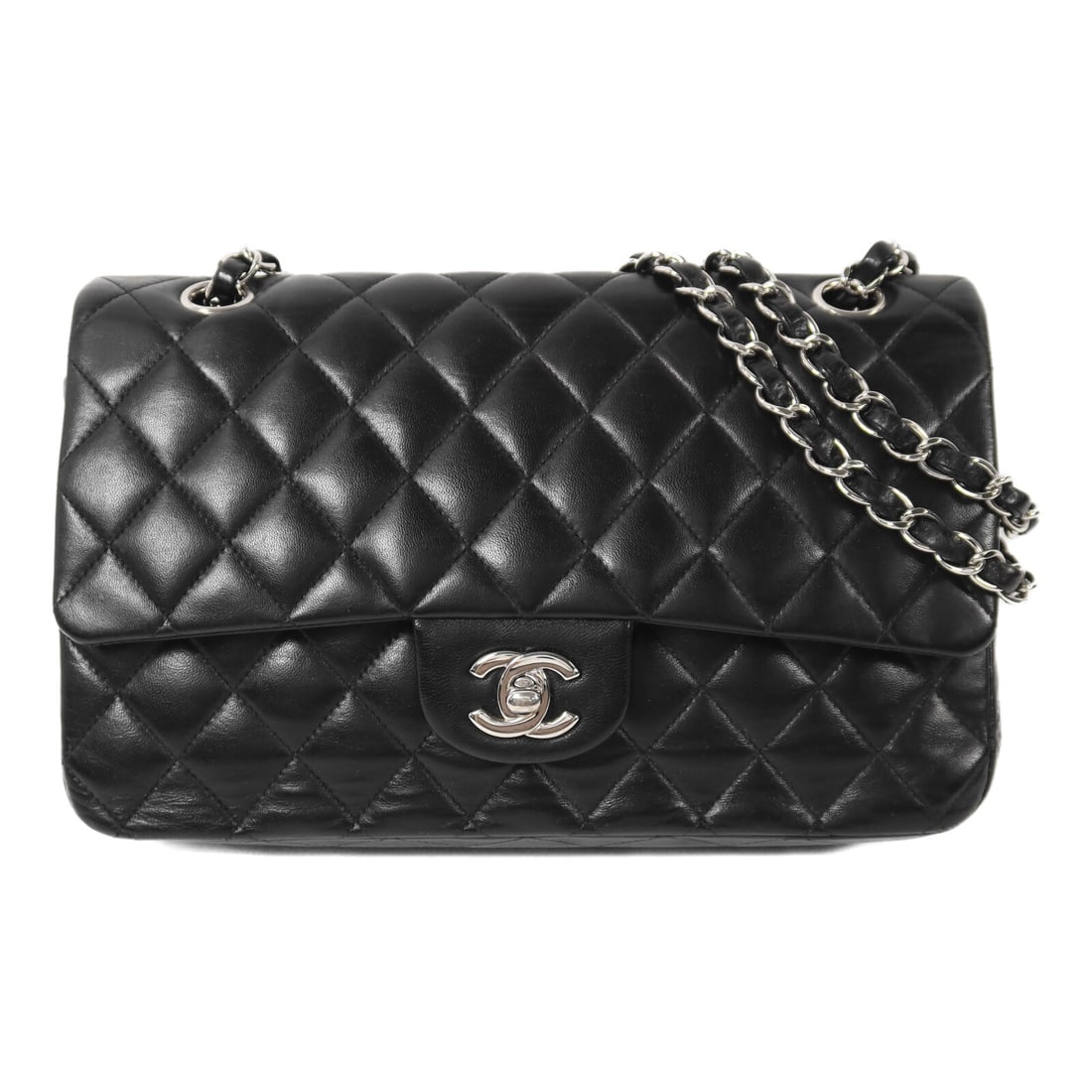 CHANEL A01112 Classic 25 Shoulder Bag Black Lambskin CC SHW: CHANEL A01112 Classic 25 Shoulder Bag Black Lambskin CC SHW A CHANEL Classic 25 chain shoulder bag in black lambskin leather with silver-tone hardware. It features a turn lock closure, an exterior ope