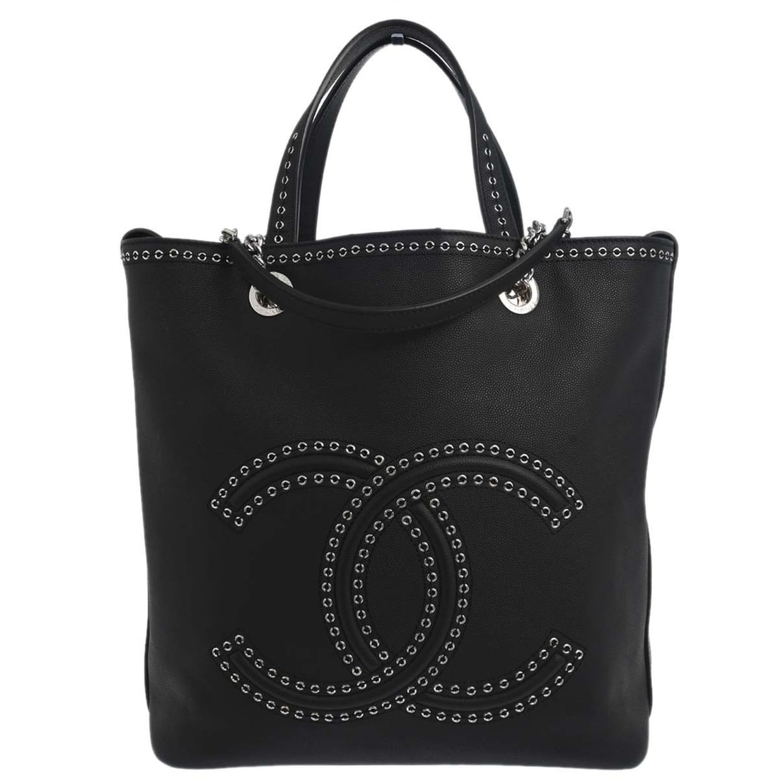 CHANEL Chain Hand Tote Black Leather Quilted 2 Way Shopping Bag: CHANEL Chain Hand Tote Black Leather Quilted 2 Way Shopping Bag Chanel Coco Eyelets large shopping tote in black caviar skin leather with a quilted finish and chain strap design. This 2-way handbag fe
