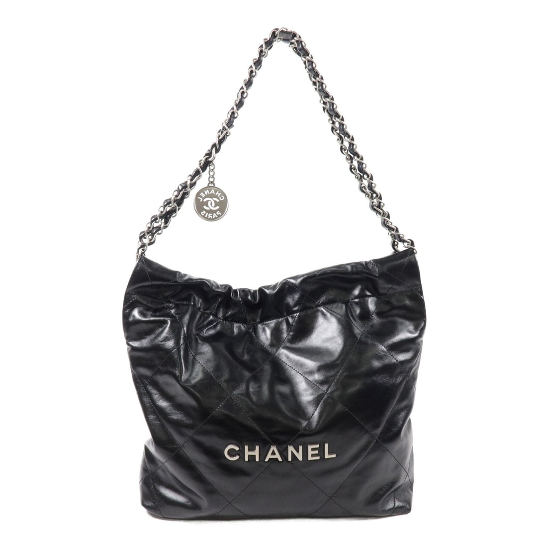 CHANEL Chanel 22 Small Shoulder Bag AS3260 Black Calfskin: CHANEL Chanel 22 Small Shoulder Bag AS3260 Black Calfskin CHANEL Chanel 22 Small Chain Shoulder Bag in black calfskin leather. It features a chain shoulder strap, magnetic pocket, and one inside zip p