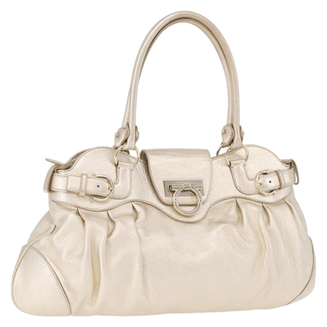 Leather Tote Bag Salvatore Ferragamo Gancini Gold Italy: Leather Tote Bag Salvatore Ferragamo Gancini Gold Italy Gold leather tote bag in a Gancini style, made in Italy. The bag measures approximately 43 cm wide x 25 cm high x 3 cm deep, with a handle drop 