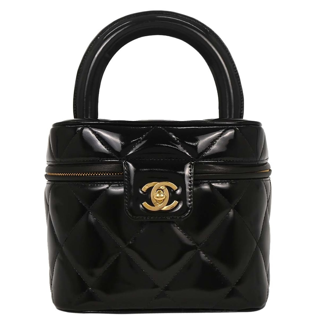 CHANEL Vanity Top Handle Bag in Black Patent Leather: CHANEL Vanity Top Handle Bag in Black Patent Leather Chanel vanity handbag in black patent leather with a structured top-handle design and zip closure. This women's medium bag features black leather l