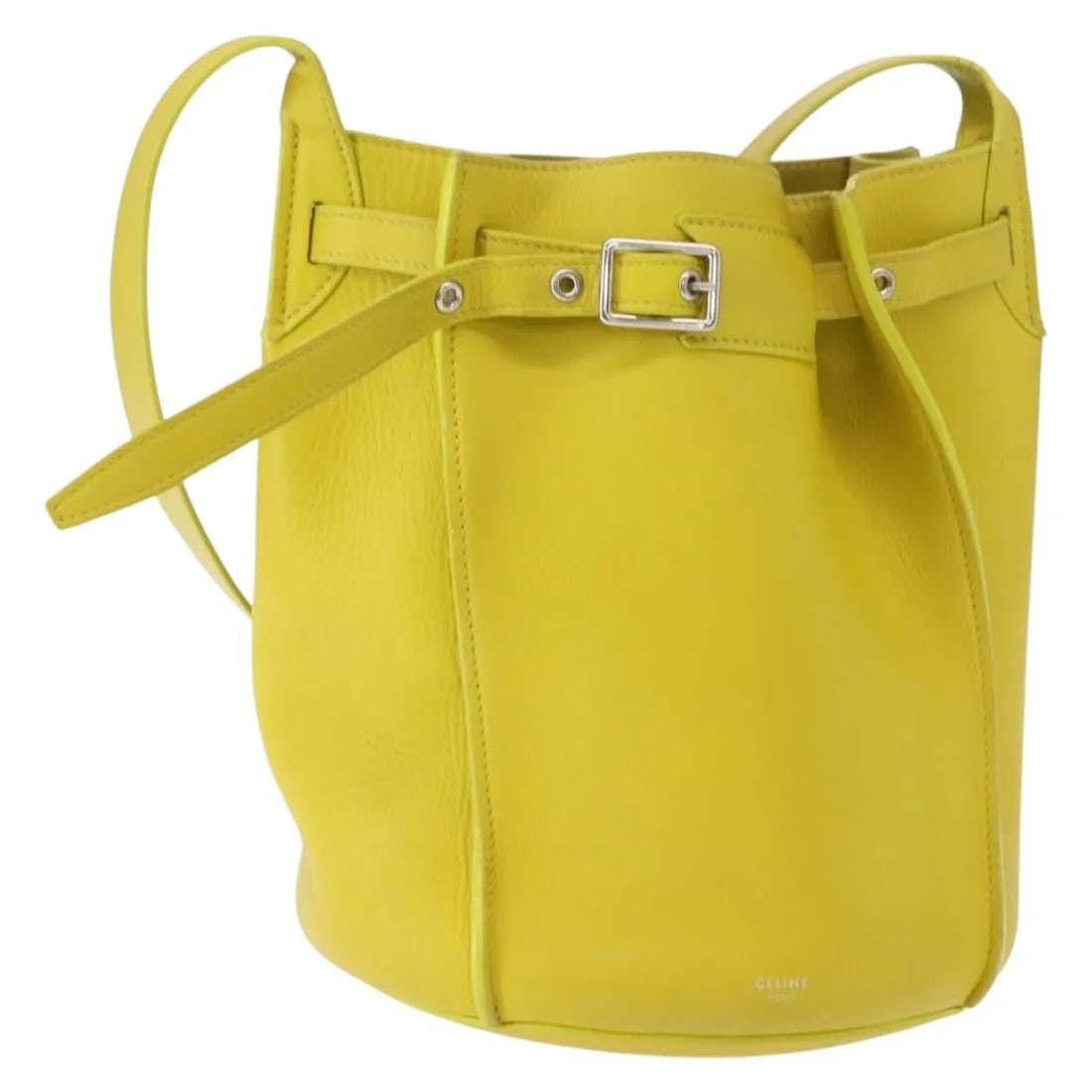 Celine Big Bag Bucket Long Strap Leather Handbag Yellow: Celine Big Bag Bucket Long Strap Leather Handbag Yellow Celine Long Strap Big Bag Bucket in yellow leather. This women's bag is in good condition with visible wear, including loss of shape, slight rub