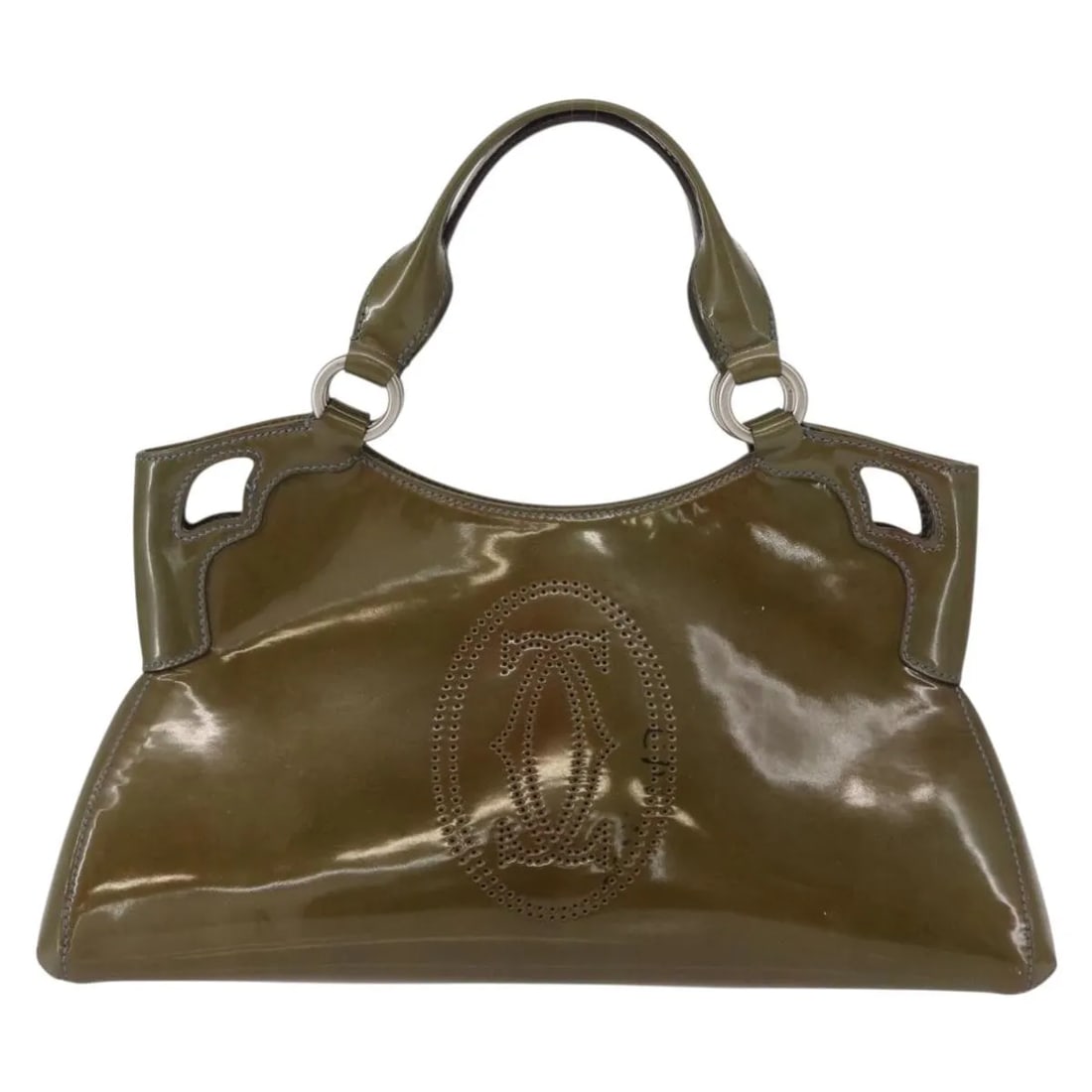 Cartier Marcello Khaki Patent Leather Handbag: Cartier Marcello Khaki Patent Leather Handbag This pre-owned Cartier Marcello handbag is crafted from khaki patent leather and is designed for women. It features a structured silhouette with practical