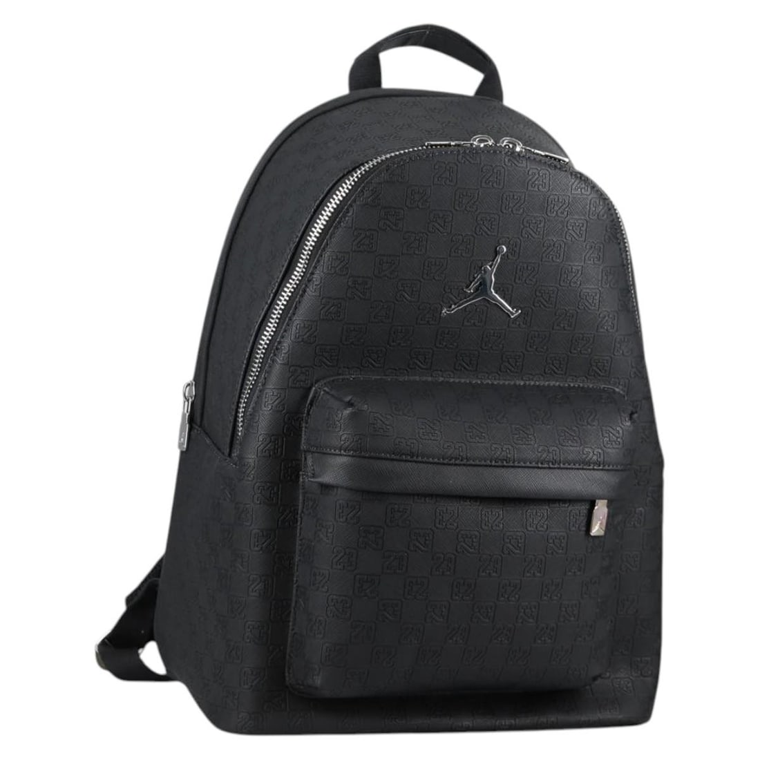 Jordan Brand Polyester Backpack in Black and Silver: Jordan Brand Polyester Backpack in Black and Silver Jordan Brand backpack in black and silver polyester, designed for women. It measures approximately 12.2 x 15.0 x 7.1 inches (W x H x D) or 31 x 38 x