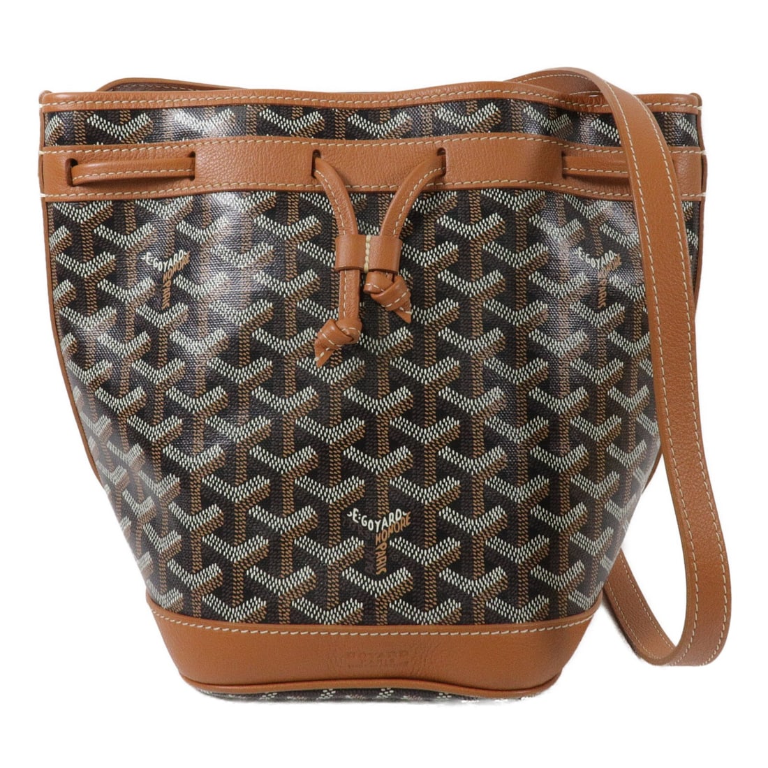 Goyard Petit Flot PM Bucket Shoulder Bag Brown Coated Canvas SHW: Goyard Petit Flot PM Bucket Shoulder Bag Brown Coated Canvas SHW A bucket-style shoulder bag in brown PVC coated canvas, identified as the Petit Flot Bucket PM. It is described as very good condition 