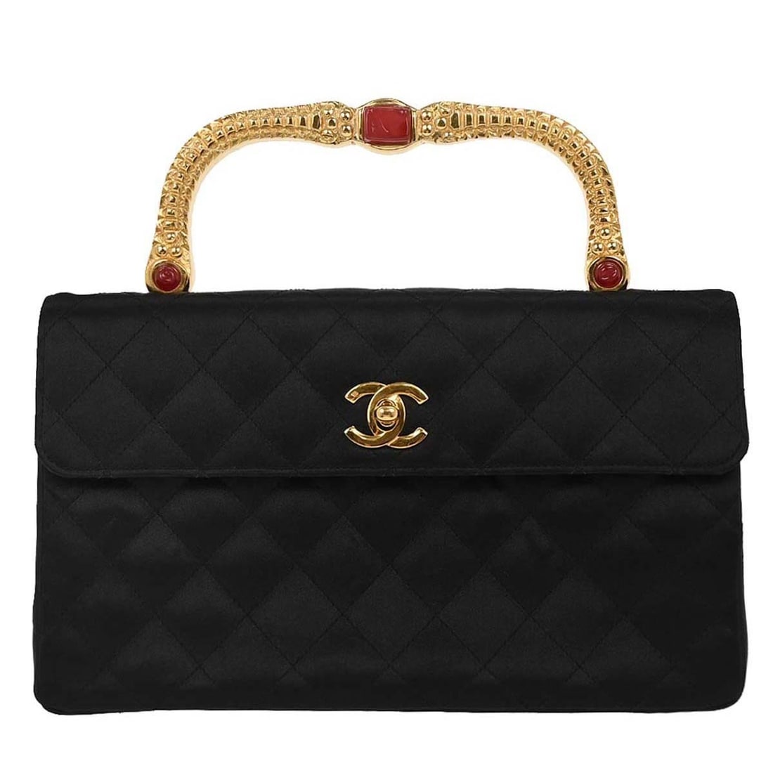 Chanel medium top handle bag in black satin: Chanel medium top handle bag in black satin Chanel black satin top handle handbag in medium size, made in France. The bag features a black exterior with metal accents and includes a serial sticker. Co